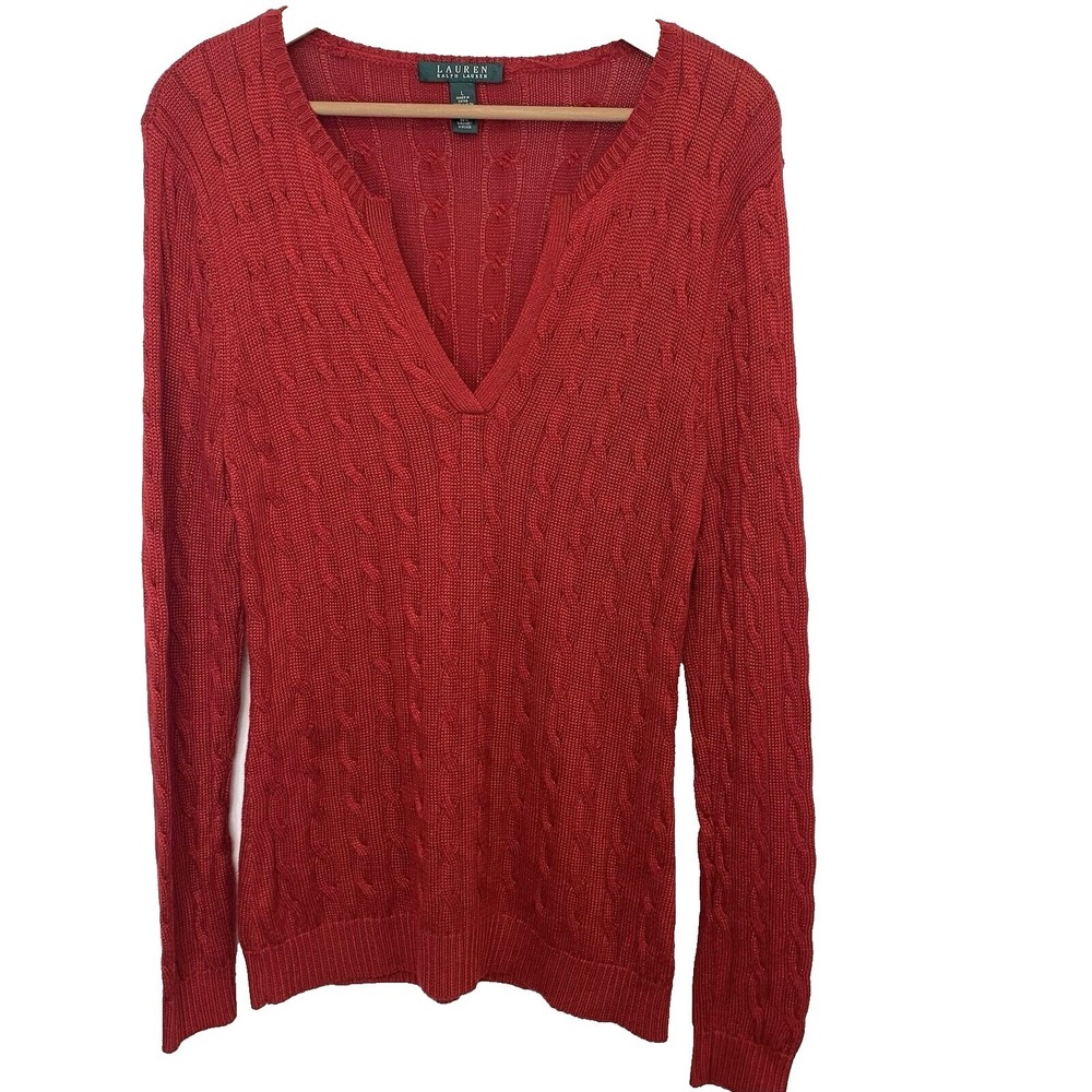 Lauren Ralph Lauren Red Cable Knit Sweater Woman Large V Neck Cotton Blend